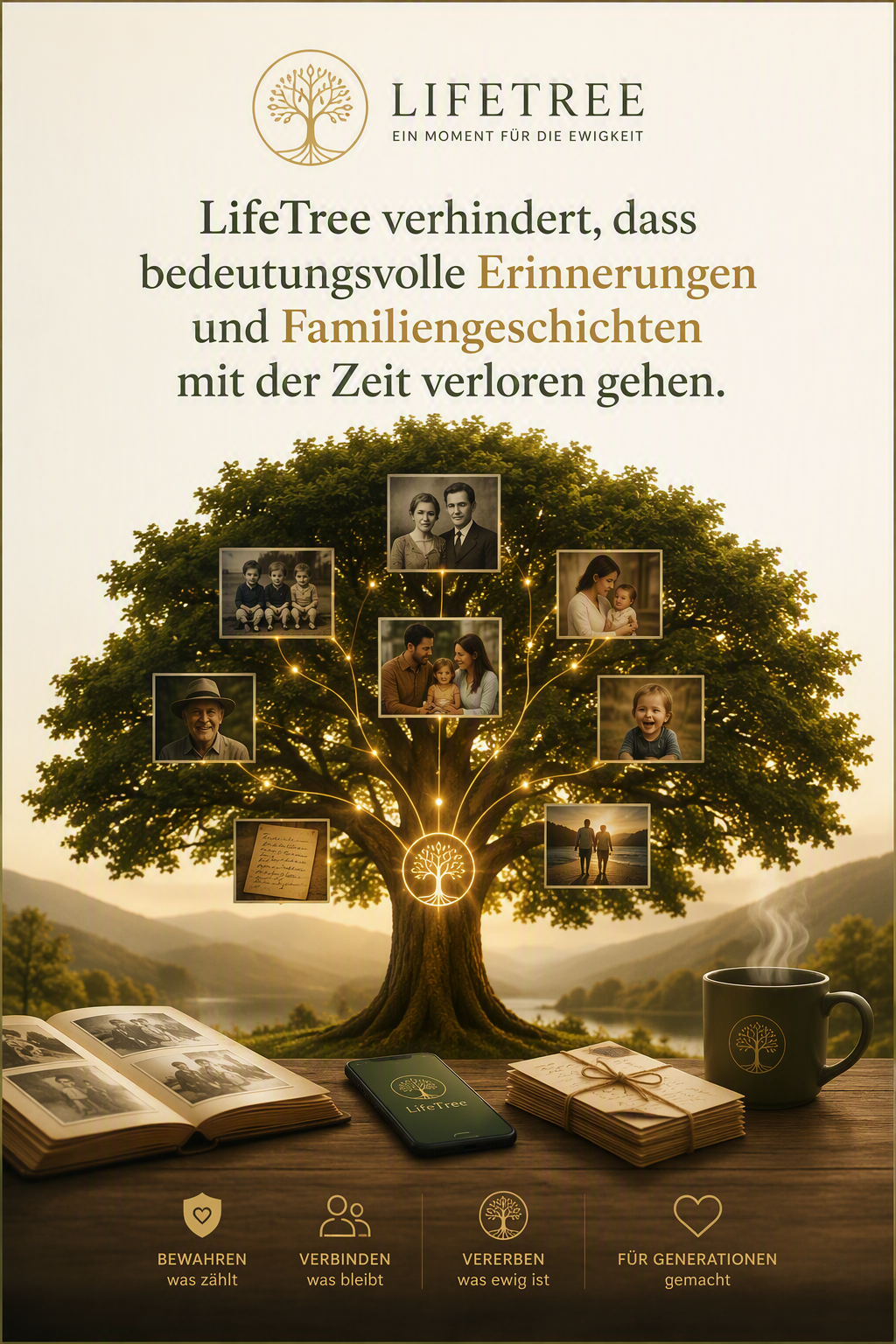 LifeTree Missionsposter: LifeTree verhindert, dass bedeutungsvolle Erinnerungen und Familiengeschichten mit der Zeit verloren gehen.