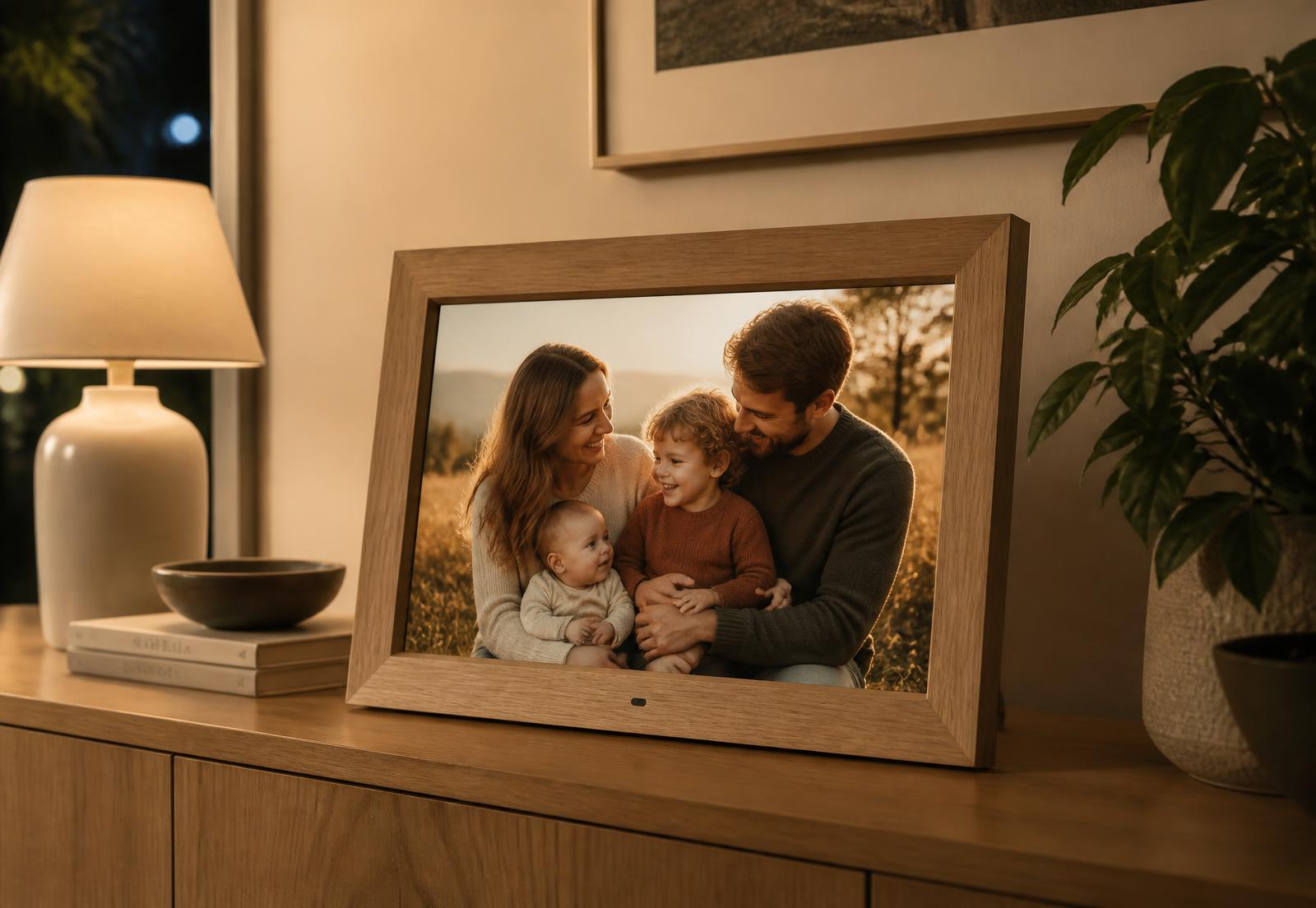 Ein Holzrahmen im Wohnzimmer zeigt Familienerinnerungen