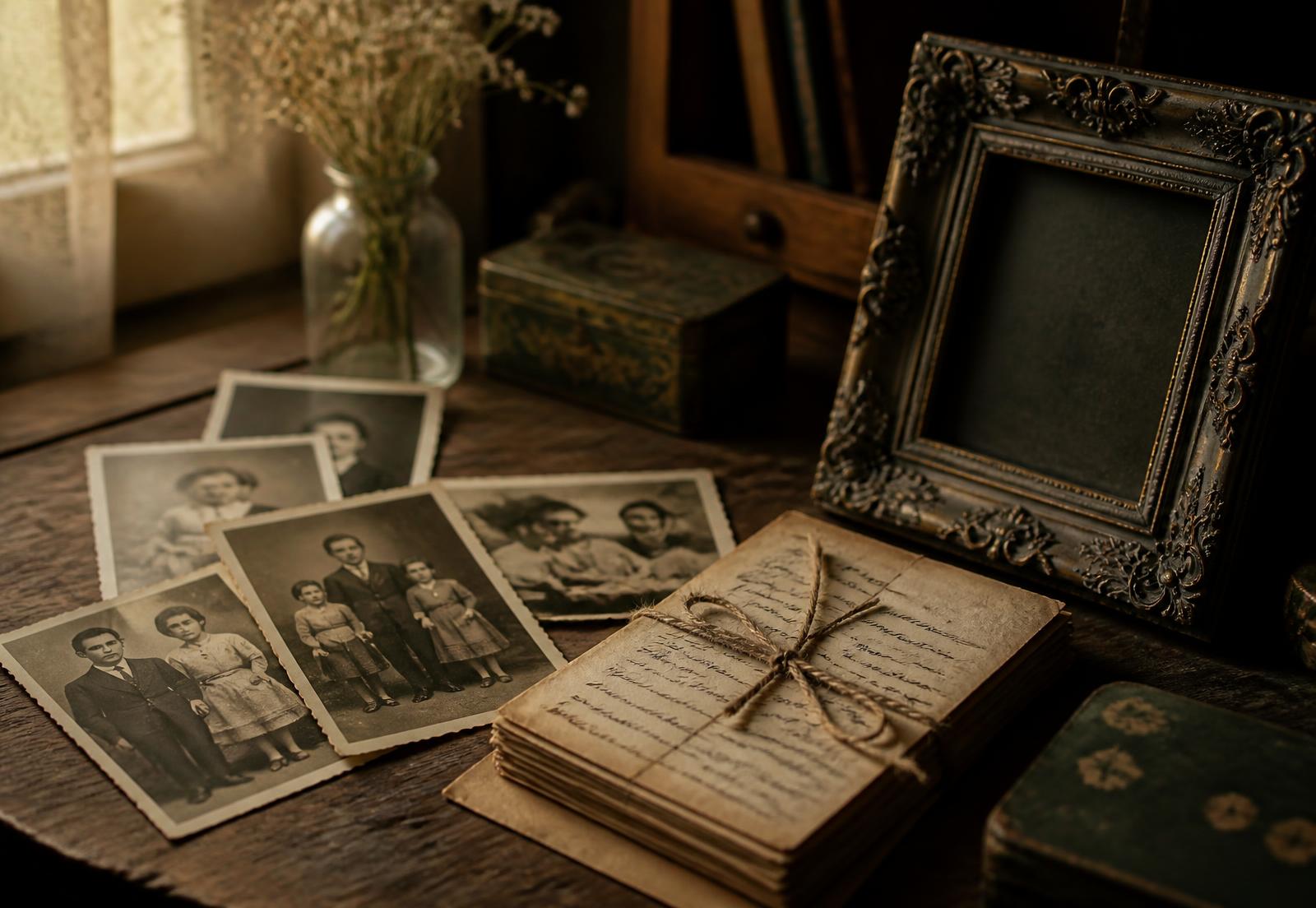 Verblasste Familienfotos, alte Briefe und ein leerer Bilderrahmen auf einem Holztisch